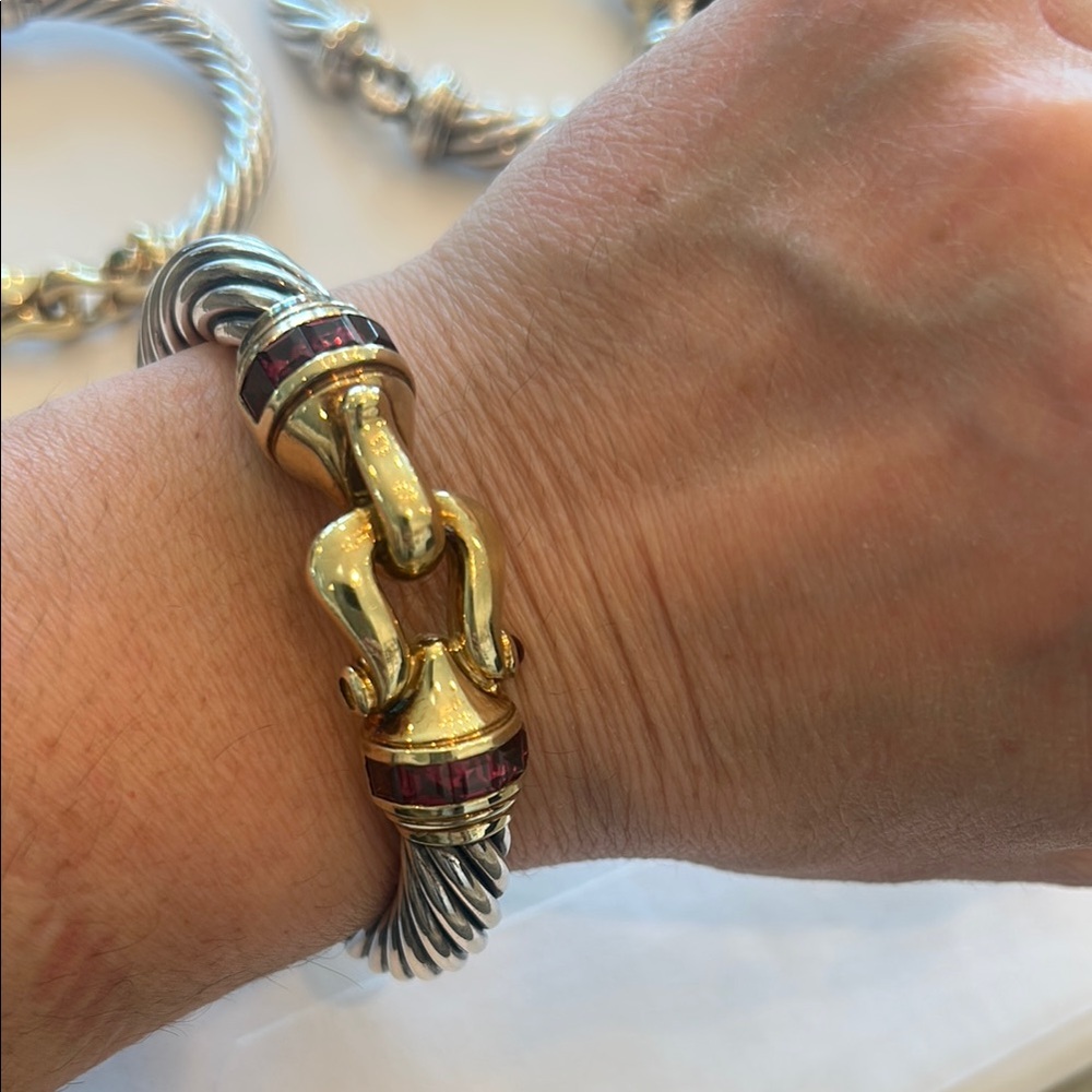 David Yurman 14k and 925 cable bracelet with ruby gem stones.